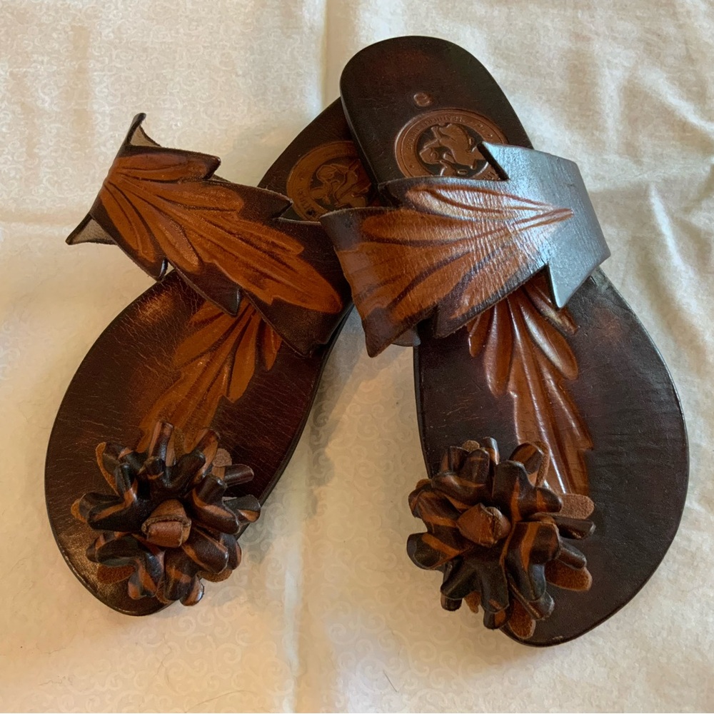 Vintage Mexican Leather Sandals Hand Tooled Brown Size 8 Women’s Boho